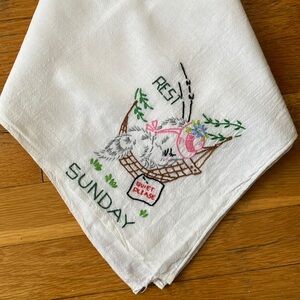 Vintage Embroidered White Flour Sack Cat Kitchen Tea Towel